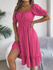 Solid Puff Sleeve Square Neck Ruched Bust Ruffle Hem Wasit Dress, Women's Clothing