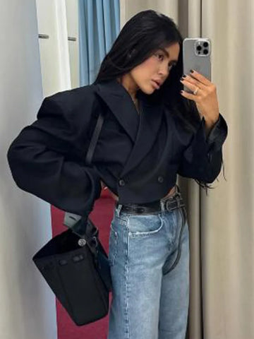 Solid Turn-down Collar Full Sleeve Coat Women Double Breasted Short Blazer Spring Lady Daily Casual Street Outfit