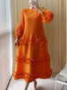 Elegant Women Pleated Dress O Neck 3D Floral Long Sleeves Fungus Spliced Design A-line Dresses Party 2AA1375