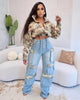 Washed Denim Women's Set Full Sleeve Floral Jacket and Pockets Cargo Jeans Pants Suit Street Two 2 Piece Set Outfit