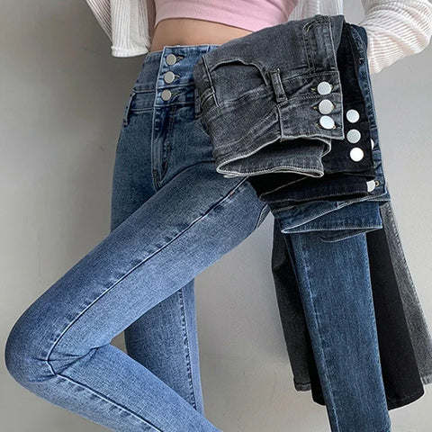 Women's High Waist Stretch Jeans Blue Black Gray and Versatile Multi-button Slim Denim Long Pants Female