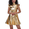 Metallic Women's Shiny Dress Holographic Solid Color Turtleneck Pleated Dress Carnival Costume Gold Silver Rave Dress Outfits