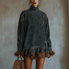 Turtleneck Leopard Trim Dress for Women's Long Sleeve Suede Velvet Flare Sleeve Casual Retro Loose Straight Mini Dresses