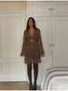 Vintage Sequin Sheer Mini Dress For Women Chic Floral Embroidery V-neck Long Sleeve Ruffled Hem Dresses Party Cocktail Dress