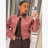 PU Leather Collar Corduroy Coat Elegant Long Sleeve Zipper Women's Cropped Jacket Spring Lady Outerwear Street