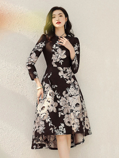 Jacquard Dress Women Autumn Long Sleeve Party Dress O-neck Flower Dress Elegant Work Casual Ladies Clothing