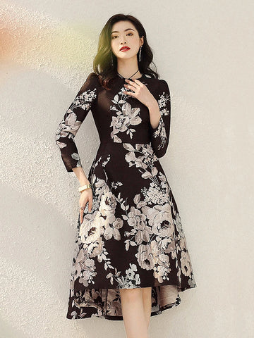Jacquard Dress Women Autumn Long Sleeve Party Dress O-neck Flower Dress Elegant Work Casual Ladies Clothing