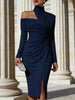 Women's Asymmetric Off Shoulder Dress High Neck Cutout Long Sleeve Ruched Waist Front Slit Dress Elegant Wedding Guest Outfit