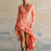 Elegant Ruffled Waist Pleat Long Dress Women's Irregular Solid Slim Party Dress Sexy V-neck Long Sleeve Wash Denim Dress