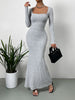 Women's Sexy Square Neck Mid-Length Knitted Dress Slim Fit Retro Long-Sleeved Wrap Hip Robe for Fall
