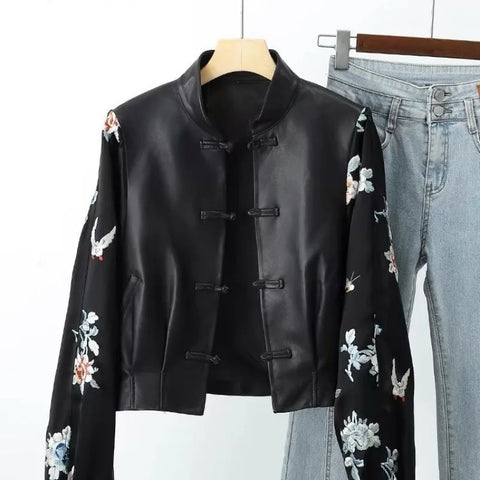 Vintage Embroidery Patchwork Leather Jacket Women's Spring Autumn PU Leather Coat Long Sleeves Button Design Outerwear