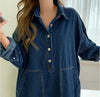 Korean Style Women's Dark Blue Solid Color Spliced Long Sleeve Turn-down Collar Loose Ankle Length Jean Dress