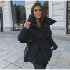 Lace Up Hooded Cotton Coat Women Casual Stand Collar Single Breasted Pocket Loose Warm Coats Lady Winter Street Outwear