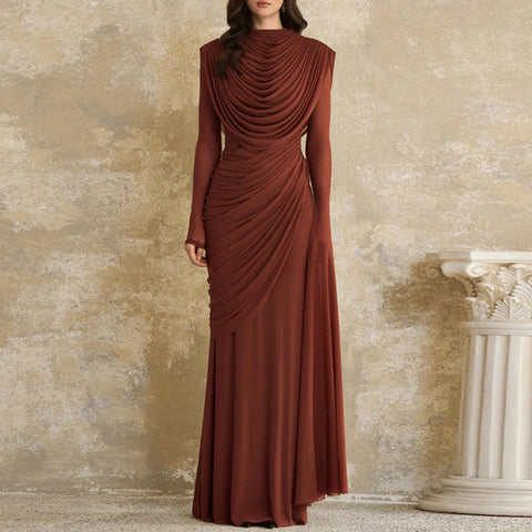 Vintage Solid Color Slim Fit Commuting Dress Casual O-neck Long Sleeved Party Dress Temperament Pleated Women Maxi Dresses