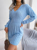 V Neck Casual Short Knit Dress Autumn Winter Women Solid Long Sleeve Dress Lady Khaki Bodycon Knitted Dresses