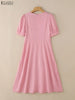 Elegant Chic Womens Tiered Midi Dresses Fabric Flower Detailed O-Neck Short Puff Sleeve Solid Color A-Line Dress Woman