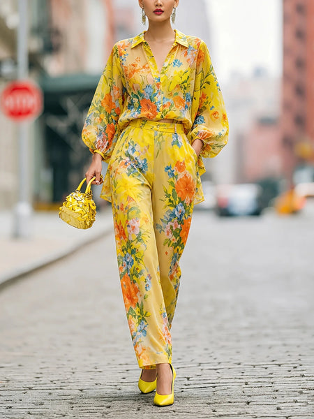 Yellow Print Women 2 Piece Outfit Set Casual Long Sleeve Turndown Collar Single-breasted Shirts Straight Trousers Sets