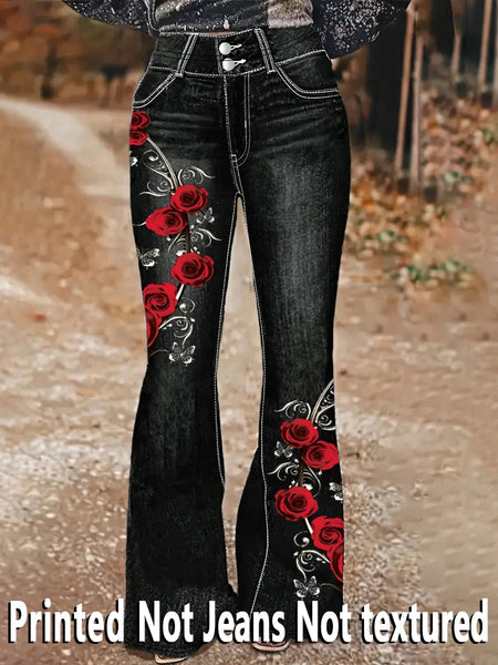 1253 Printed Pants - Not Denim Fabric Floral Print Flare Pants - Non-Denim Fabric, Women's Trousers