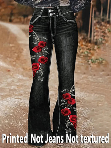 1253 Printed Pants - Not Denim Fabric Floral Print Flare Pants - Non-Denim Fabric, Women's Trousers