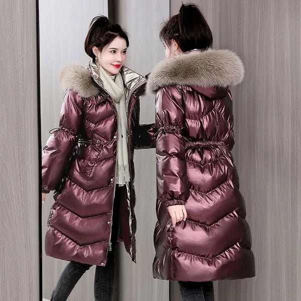 Winter Large Fur Collar Belt Thicken Down-cotton Jacket Women's Mid-length Coats Warm Slim Puffer Jacket Windbreaker Jacket