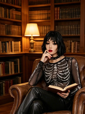 Dark Gothic Punk Shirt 2000s Women's Skull Pattern Round Neck Long Sleeve Black y2k Street Dress