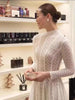Lace Dress Women's Round Neck Hollow Out Slim Long Sleeve Retractoin Waist Big Swing Dresses 7AB8070