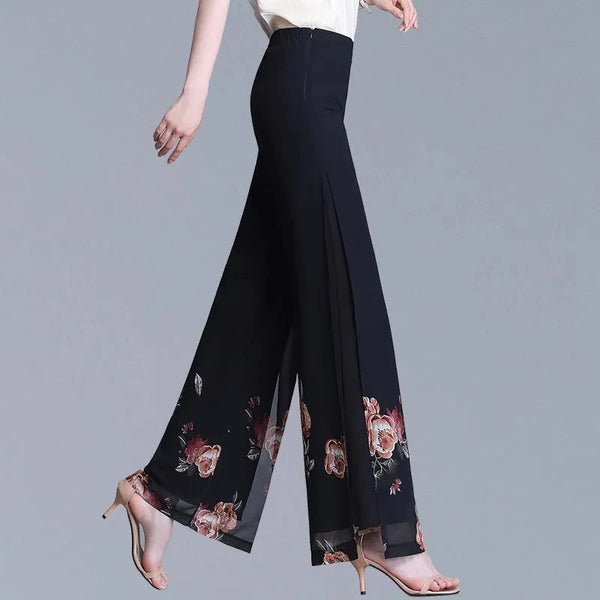 Double Layer Printed Chiffon Wide Leg Pants For Women SummerNew High Waisted Loose Dance Swing Pants Drooping Skirt Female Pants