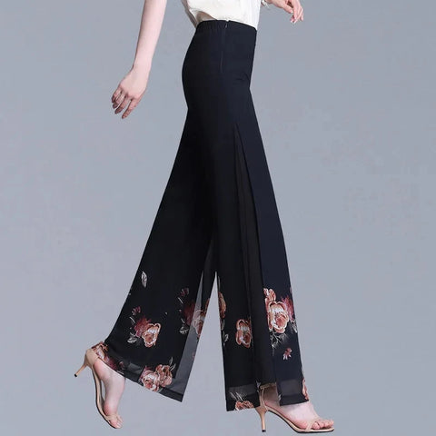 Double Layer Printed Chiffon Wide Leg Pants For Women SummerNew High Waisted Loose Dance Swing Pants Drooping Skirt Female Pants