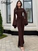 Autumn Elegant O-Neck Long Flare Sleeve Ruched Slim Fit Ribbon Long Dress Women'S Solid Casual Party Club Outfit