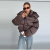 Hooded Women's Puffer Coat Zip Up Waist Cinched Puffer Jacket Thickened Cropped Bubble Coat Detachable Hood