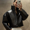 Croc Embossed Cropped Faux Leather Jacket High Stand Collar Long Sleeve Oversized Women Jackets Autumn Chic Coats