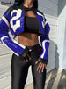 Faux Leather Varsity Jacket Women Hipster Letter Print Autumn Casual Sporty Wild Streetwear Uniform Crop Coat