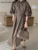 Women's Spring and Autumn Bubble Sleeve Casual Loose Straight Vintage Button Decorative Shirt Long Dress