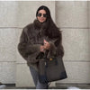 Women Brown Faux Fur Open Front Cardigan Coat Long Sleeve Collarless Loose Plush Outerwear Lady Elegant Winter Warm Furry Jacket