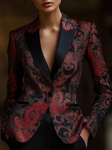 Elegant Chic Jacket Women Vintage Floral Print Turndown Collar Slim Waist Pocket Decor Long Sleeves Tops Blazers Coats