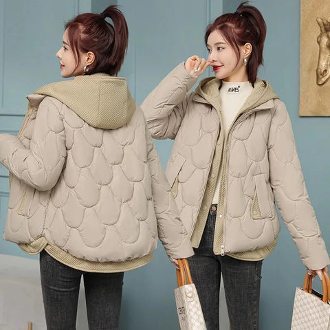 Hooded Parka Fake Two-Piece Down Cotton Clothes Women's Short Corrugated Burr Thick Warm Cotton-Padded Jacket OutCoat Lady
