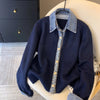 High-Quality Korean Denim Shirt Collar Stitching Fake Two-piece Sweater Women Cardigan Chic Knitted Coat Female Tops