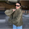 Casual Suede Jackets Women Loose High Neck Long Sleeves Pocket Zipper Coats Female Autumn Winter Chic Solid Outwear