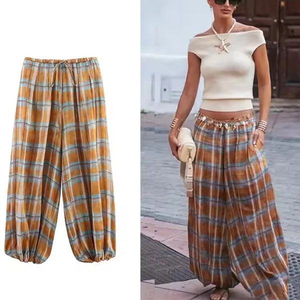 Women's Autumn Versatile Bloomers Plaid Printed Loose Pants Female High-Waist Drawstring Casual Trousers