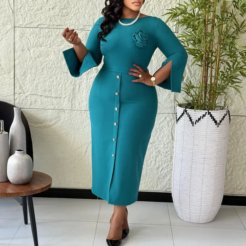 Elegant Classy Church Dresses Women O Neck Flare Sleeve 3D Flower Button Slim African Office Lady Work Church Formal Events Gown