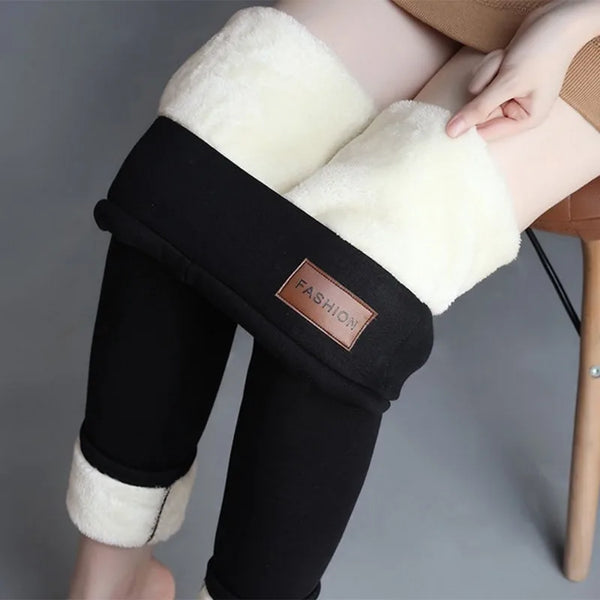 Fleece Lined Thermal Leggings Women Winter Leather Label Tights High Stretch Warm Fleece Lined Pants Outdoor Wear Cold Weather
