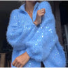 Women Fuzzy Sequin Knit Zip Up Cardigan Stand Collar Long Sleeve Oversized Loose Sweater Jacket Streetwear Outerwear