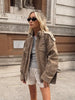 Women Casual Solid Cropped Suede Jacket Chic Stand Collar Zipper Pocket Loose Jackets Autumn Lady Commuter Outwear