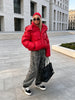 Bright Red Hooded Puffer Jacket Women Oversized Collar Horizontal Quilted Thick Padded Cropped Coats Warm Outwear Winter Wears