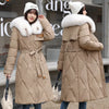 White Fur Collar Down Cotton Parkas Padded Coat Women Winter Long Over The Knee Waist Warm Thick Parkas Coat