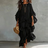 Vintage Solid Tiered Ruffle Mesh Dress Women Crew Neck Loose Batwing Sleeve Sheer Maxi Dress Elegant Holiday Travel Casual Dress