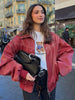 Women Stand Collar Leather Pilot Jacket Red Zipper Cropped Coat Casual Outerwear Streetwear