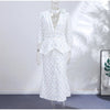 Elegant Women's Printed Waistband Long Dress 3D Flower V-neck Bubble Sleeve Patchwork A-line Dresses Spring Party Robe