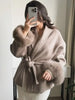 Women Grey Fur Splicing Woolen Coat Casual Belt Full Sleeve Lapel Loose Cardigan Outwear Lady Winter Highstreet Jacket