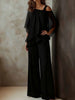 Women Casual Bat Sleeve Chiffon 2Pc Outfits Commuting Wide Legger Suits Sexy Slanted Shoulder Irregular Tops & Pant Set